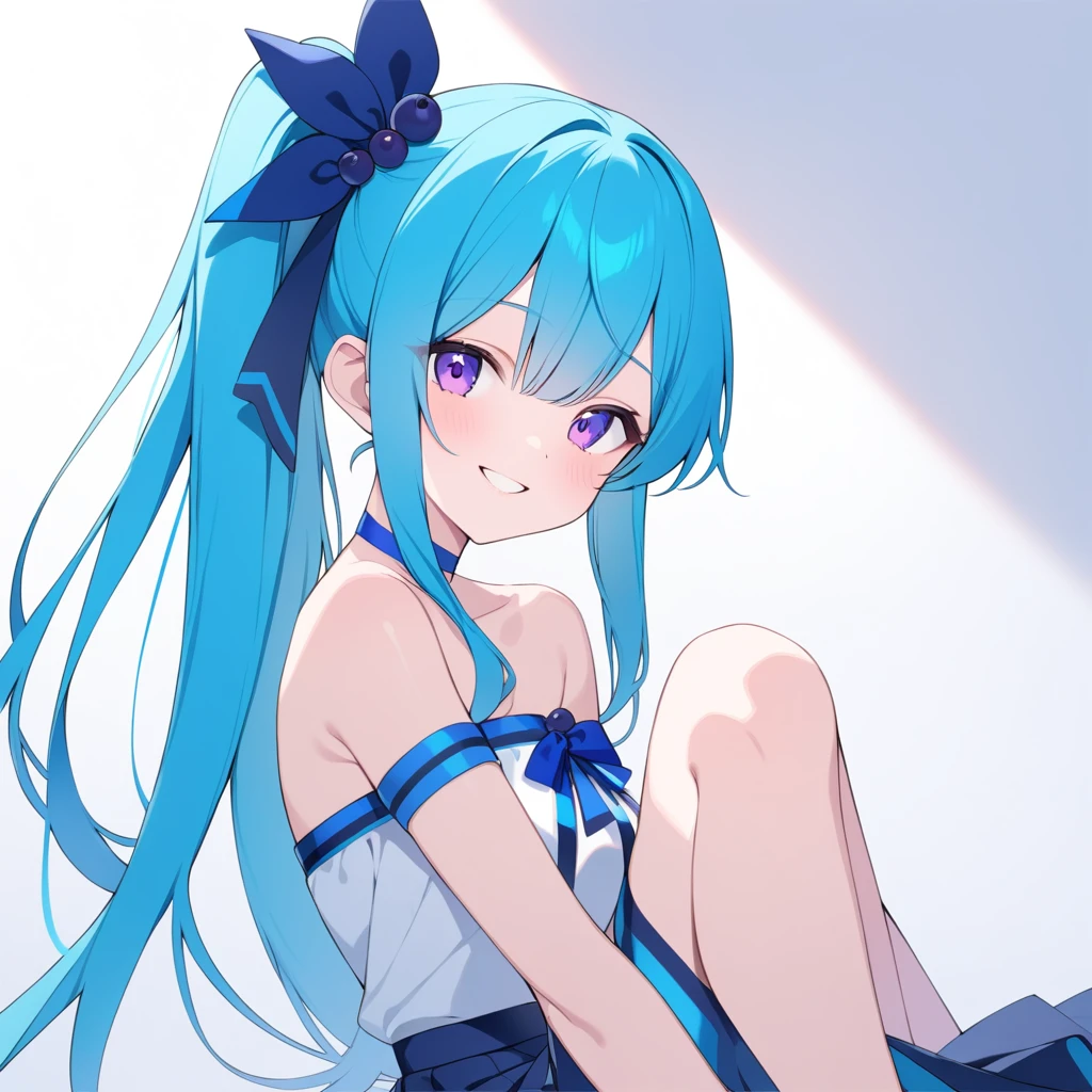 High quality,blueberry girl,Long hair,Strapless(Blue),Skirt(cyan),Long one ponytail,Ribbons on ponytail