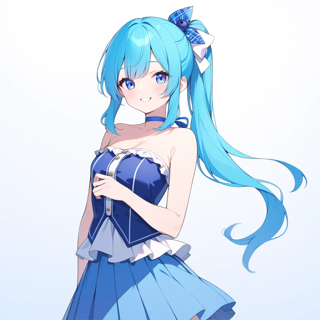 High quality,blueberry girl,Long hair,Strapless(Blue),Skirt(cyan),Long one ponytail,Ribbons on ponytail,Pure smile,blue choker