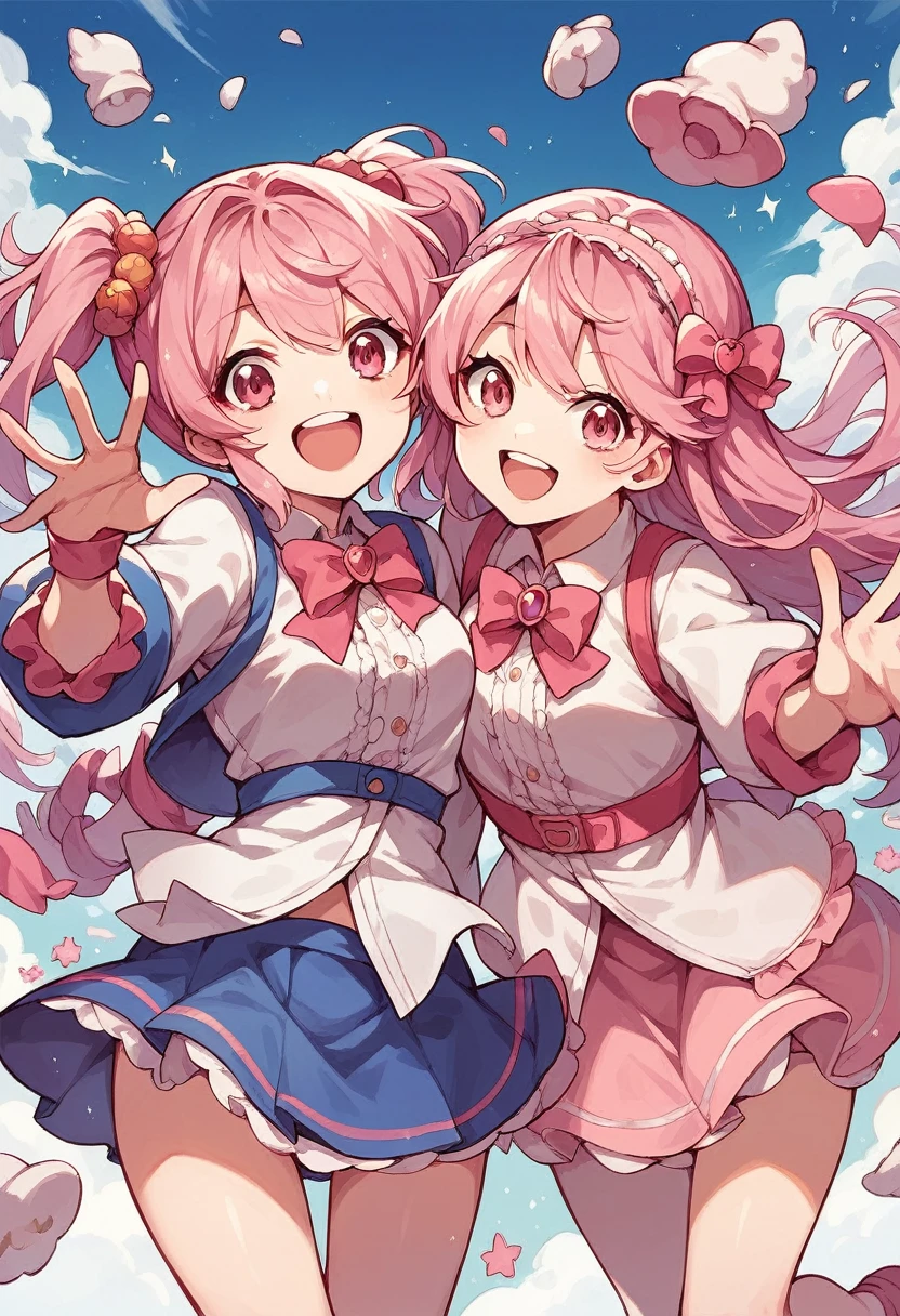 Two cute anime girls twin, pink hair, pink eyes, idol outfit, short skirt, happy, jump