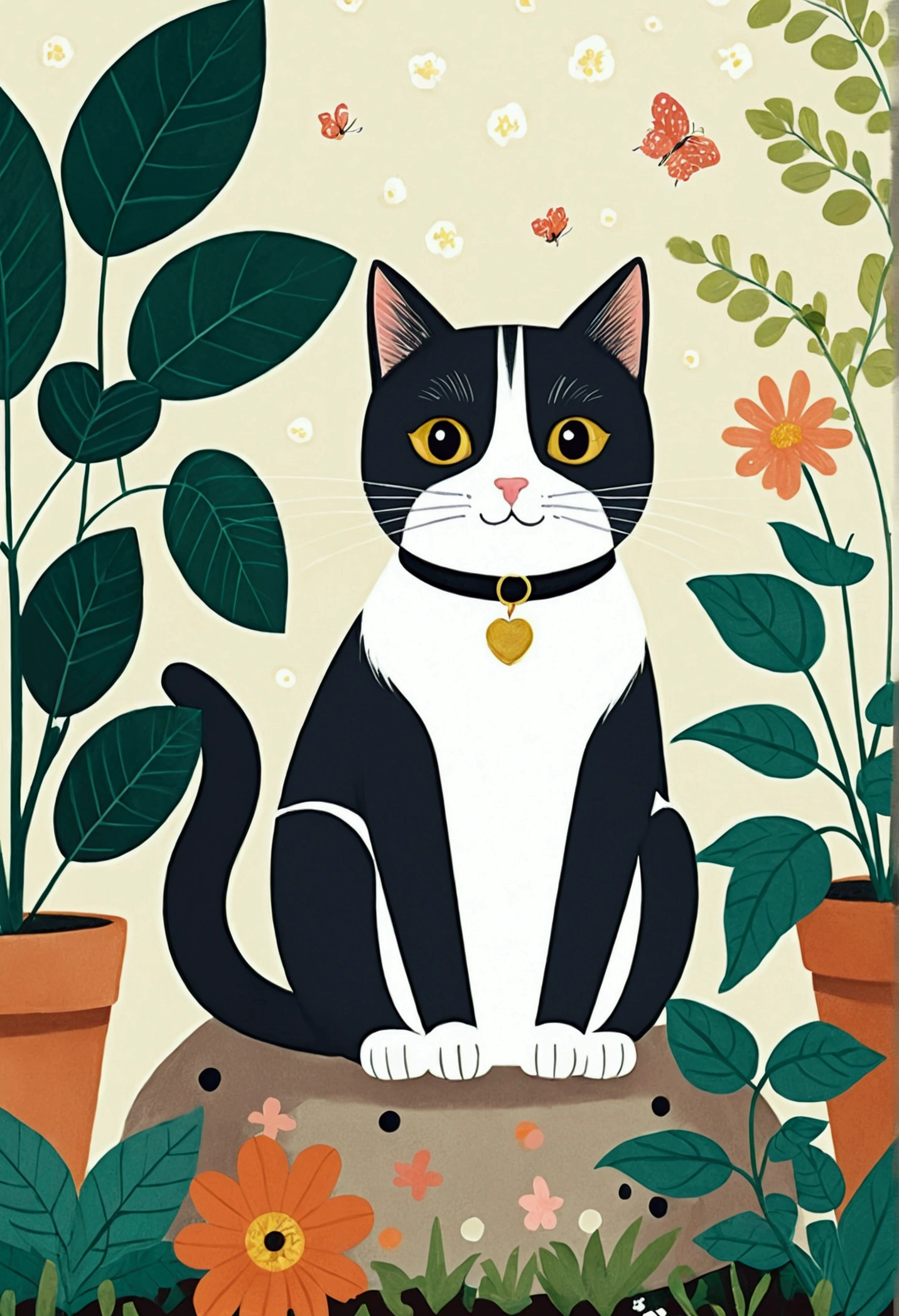 illustration of a cat sitting in a garden with plants and leaves, a storybook illustration by Yuko Tatsushima, Recommended on Behance, Childish Art, cats and plants, cat in the forest, illustration of a cat, Drawn in a whimsical style, cute illustration, Jane Newland, illustration!, #illustration, A painting of a cat, cute storybook illustration