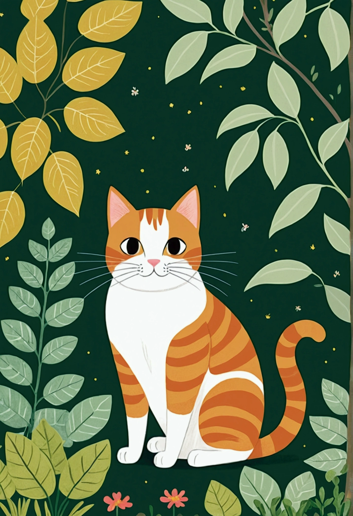 illustration of a cat sitting in a garden with plants and leaves, a storybook illustration by Yuko Tatsushima, Recommended on Behance, Childish Art, cats and plants, cat in the forest, illustration of a cat, Drawn in a whimsical style, cute illustration, Jane Newland, illustration!, #illustration, A painting of a cat, cute storybook illustration