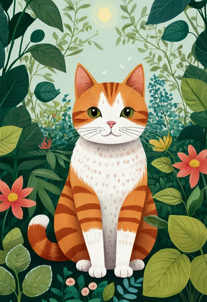 illustration of a cat sitting in a garden with plants and leaves, a storybook illustration by Yuko Tatsushima, Recommended on Behance, Childish Art, cats and plants, cat in the forest, illustration of a cat, Drawn in a whimsical style, cute illustration, Jane Newland, illustration!, #illustration, A painting of a cat, cute storybook illustration