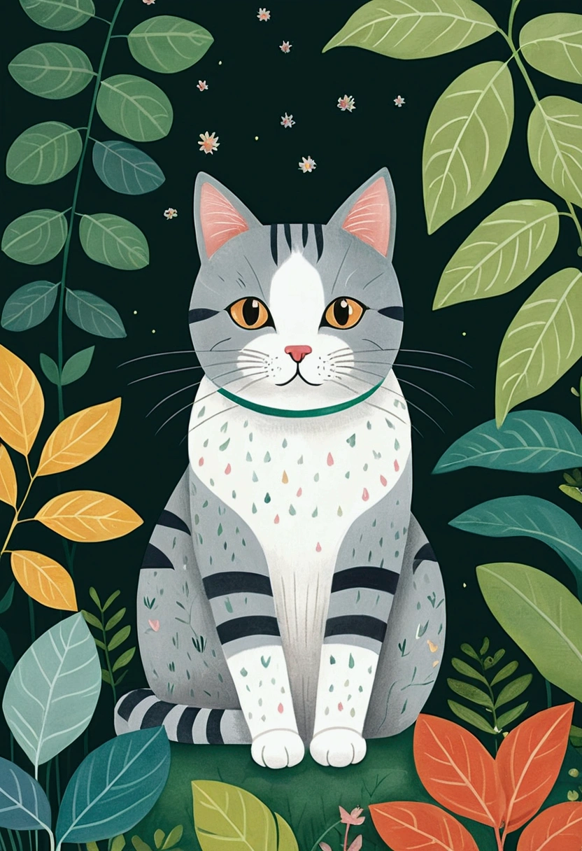 illustration of a cat sitting in a garden with plants and leaves, a storybook illustration by Yuko Tatsushima, Recommended on Behance, Childish Art, cats and plants, cat in the forest, illustration of a cat, Drawn in a whimsical style, cute illustration, Jane Newland, illustration!, #illustration, A painting of a cat, cute storybook illustration