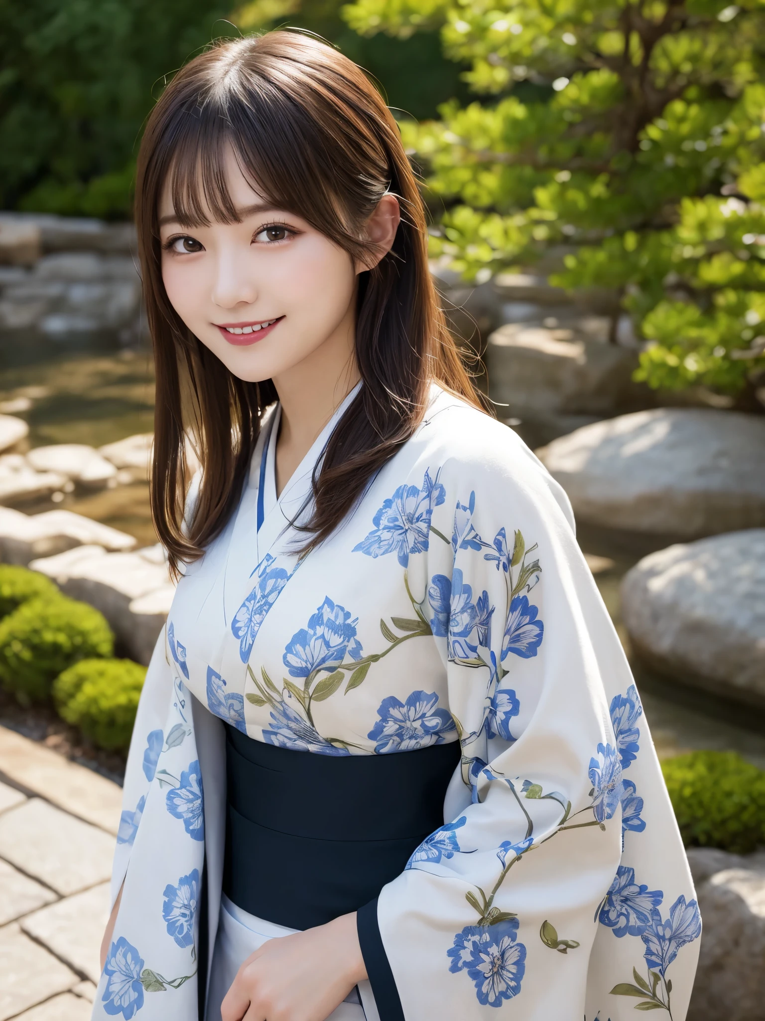 masterpiece, best quality, illustration, ultra-detailed, finely detailed, high resolution, 8K wallpaper, perfect dynamic composition, beautiful detailed eyes, Japanese garden, kimono, medium hair, small breasts, elegant pose, smile, looking at camera