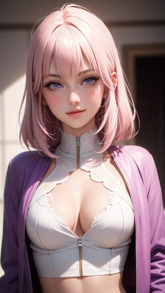 (masterpiece, best quality), intricate details, thin, ((slim)), beautiful girl, Light pink hair, white skin, light purple eyes, sharp jawline, cropped jacket, messy hair, lips, upper body, smirk
