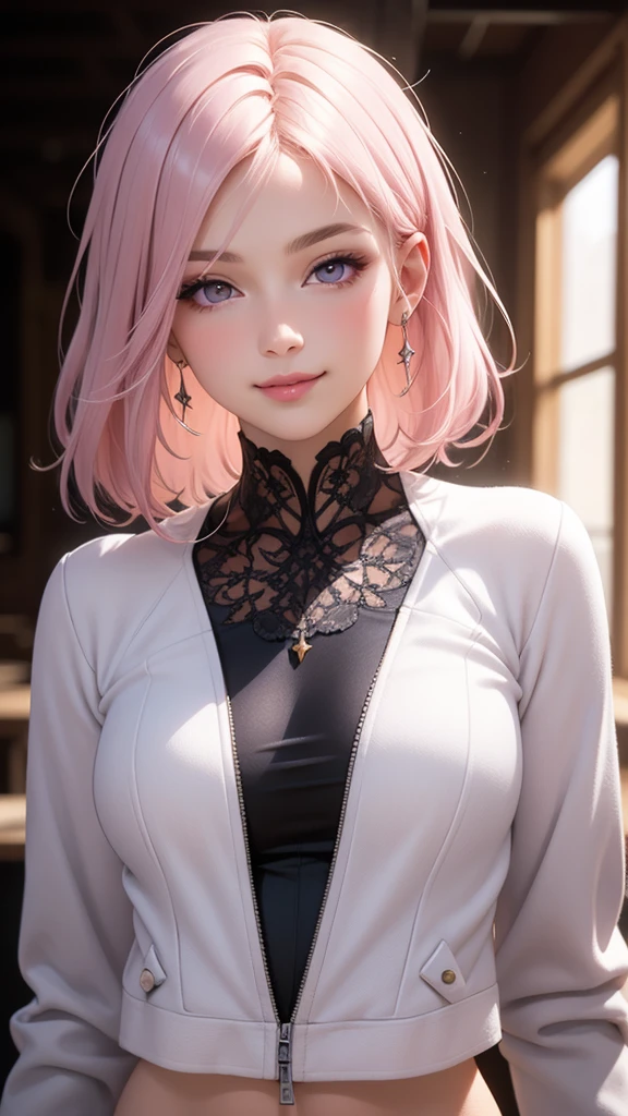 (masterpiece, best quality), intricate details, thin, ((slim)), beautiful girl, Light pink hair, white skin, light purple eyes, sharp jawline, cropped jacket, messy hair, lips, upper body, smirk