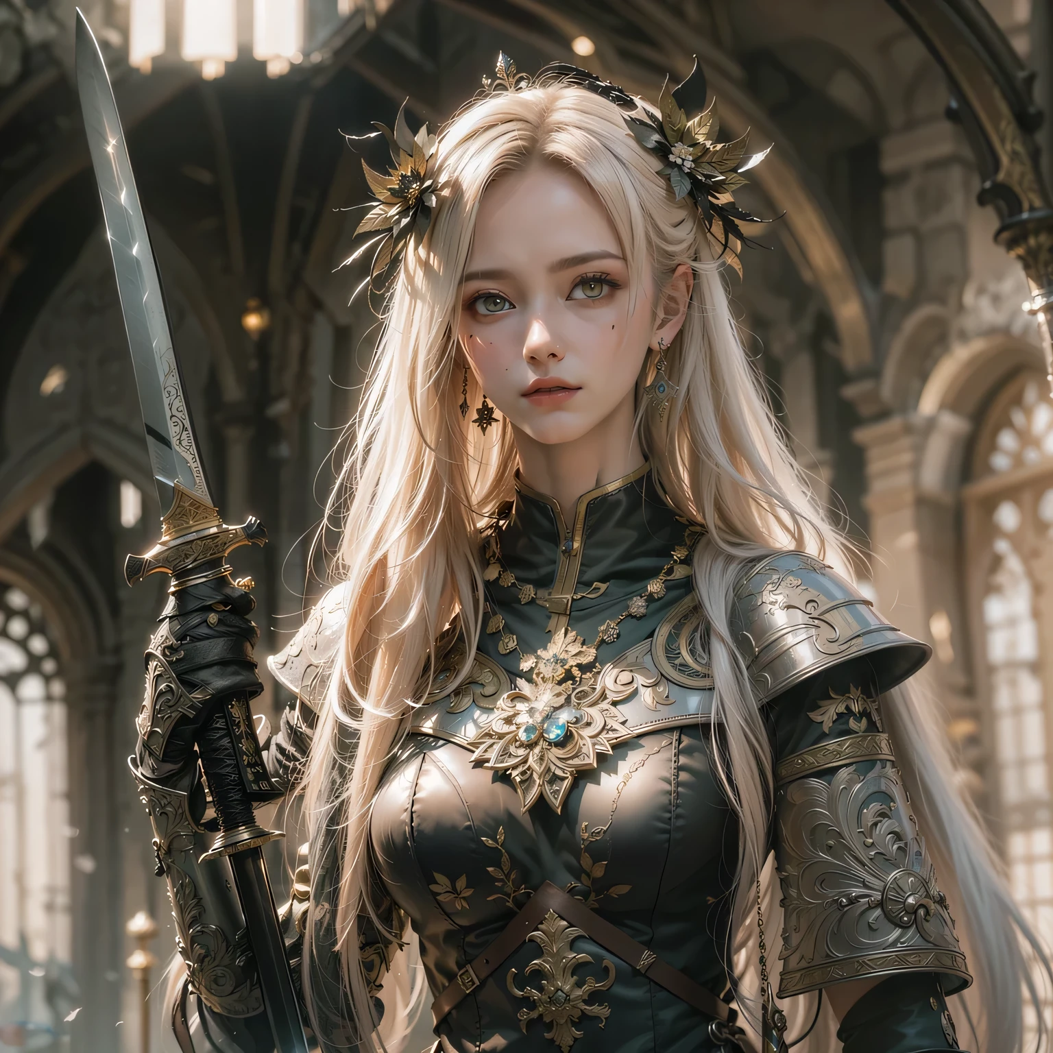 (Numerous award-winning masterpiece s, incredibly detailed, textured and maximally detailed), (hyper realistic:1.4), (realistic:1.3), (top quality real texture skin), (detailed true circle eyes), (detailed and beautiful face:1.6), ((medieval world)), (jet black knight), delicately decorated, (delicately decorated dark black armor), (armor damaged but delicately decorated:1.5), not wearing a helmet, (full body portrait:1.6), ((looking up)), ((looking down)), ( Full-length standing image:1.8), (holding the hilt of an elaborately decorated black long sword shining with a huge light:1.7), (dramatic pose), (gorgeous pose), (beautiful pose), beautiful white hair, beautiful silver hair, beautiful blond hair ,black web robe, spider on armor, strong warrior, Agile Warrior ((Dramatic photo)), ((Dynamic photo)), full-length view, highly detailed, ultra-realistic, intricate details, painting (artwork), ((masterpiece, top quality)), ((cinematic light)), hyper realistic, scary, dark fantasy , detailed armor, detailed (masterpiece,top quality), (cinematic light), (cinematic detail:1.1), (cinematic detail:1.1), (cinematic detail:1.1), (cinematic detail:1.1), (cinematic detail:1.1), (cinematic detail:1.1), (cinematic detail:0.5), (cinematic detail:1.2), (cinematic detail:1.5), (art station:1.5), cinematic, warm light, light effect, dramatic light, (complex detail:1.1), complex background, (greg latkowski:), (cinematic detail:1.2), (art station:) 0.8), (teal and orange: 0.4), (swirling flames), (swirling lightning), (swirling ice and snow), old ruins infested with vegetation, ruins of an old castle, in a dungeon, ruins of an ancient castle, abandoned mine, deserted ruins, crumbling ruins, ruins with clear pools, twilight, sunset, dusk, rippling water , flowing water, battlefield, bioluminescence,.