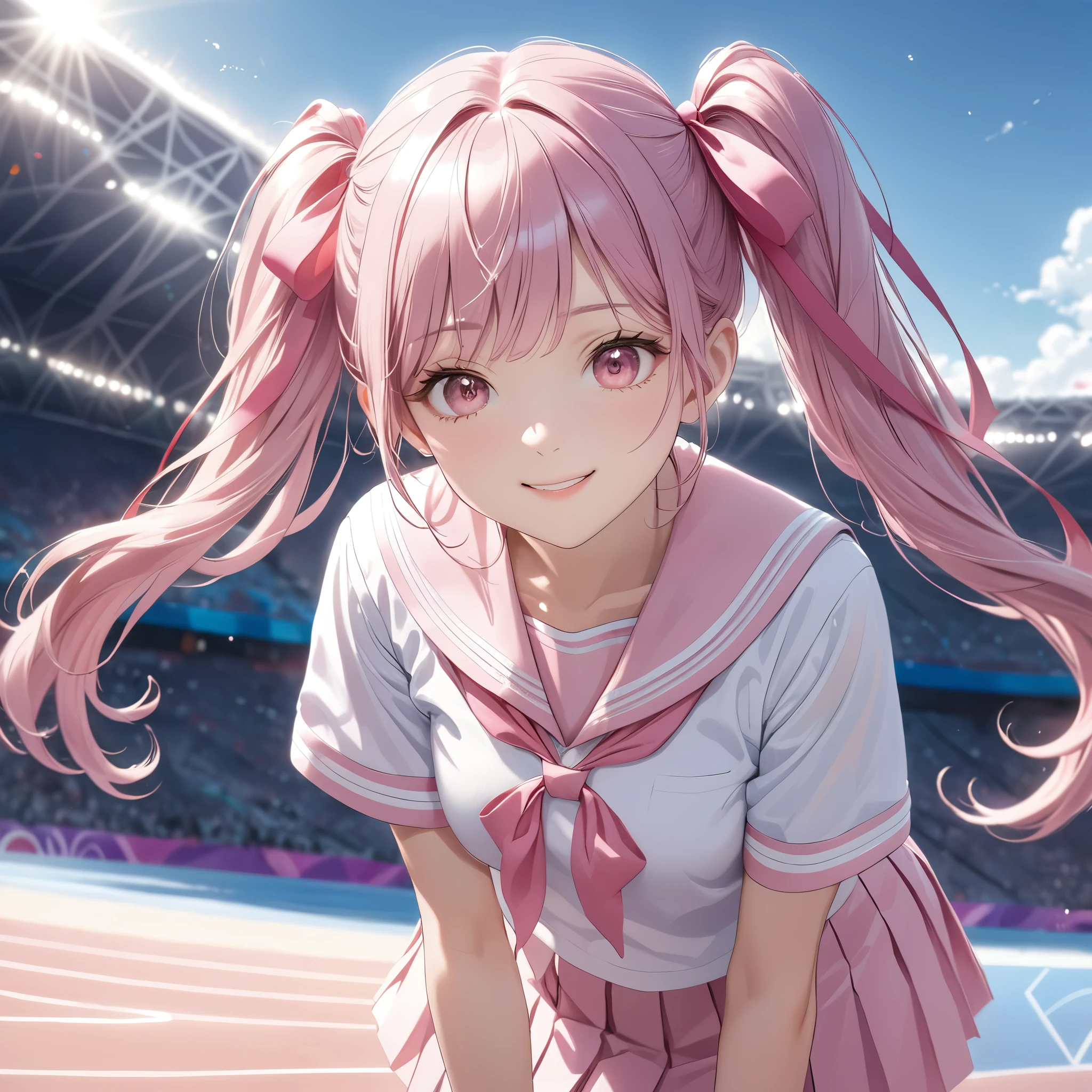 (8k, masutepiece, Best Quality, Official art, beautiful detailed, beautiful lighting, best masterpiece in history that exceeds limits), (1 Girl, solo), (sixteen years old), (beautiful detailed face), (shiny white skin), (Beautiful big bust:1.3), (thighs, navel), (beautiful detailed pink twin tails hair, bangs:1.3), (beautiful detailed drooping pink eyes:1.5), break, (high school uniform:1.3), (patsel pink sailor collar, white short sleeves short length outing shirt, pastel pink pleated skirt, patsel pink ribbon:1.5), (happy smile:1.2), break, (Attractive, Look at the camera, cute pose), breathtaking scenery, (ultra detailed beautiful France, Paris, Olympics), (having a Japanese flag:1.5),