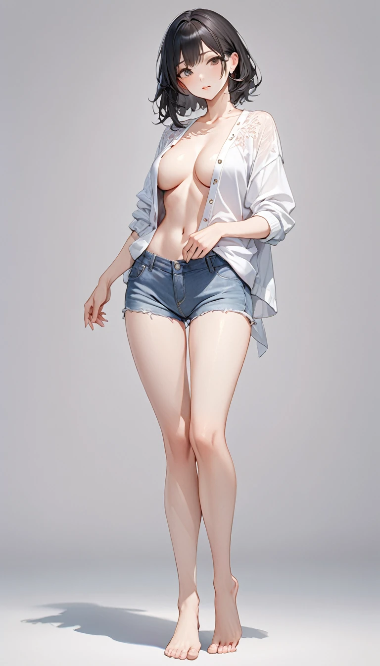 Extremely delicate full-body shot, 1girl, 独奏, Detailed and accurate body, Firm and moisturized skin texture, Clear details, Revealing facial details, barefoot, Anatomically correct hand, Casual clothing, Ultimate Quality, 