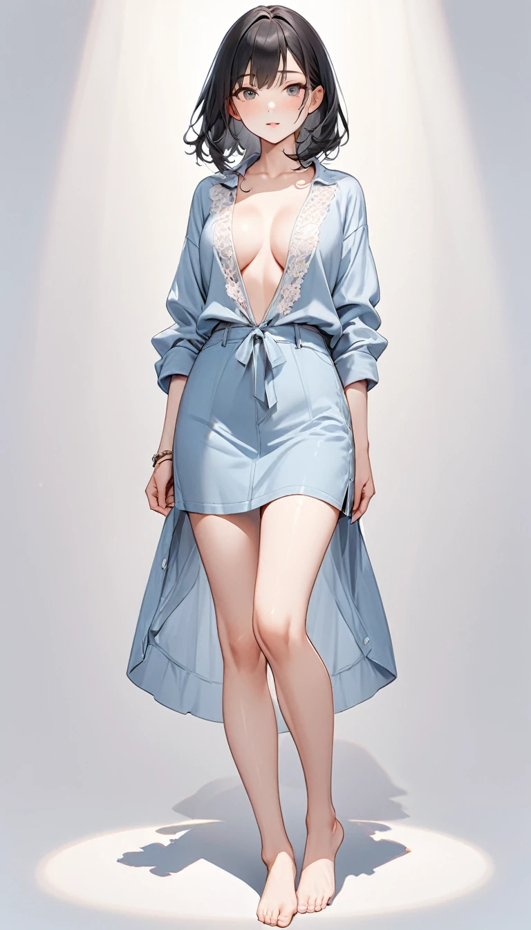 Extremely delicate full-body shot, 1girl, 独奏, Detailed and accurate body, Firm and moisturized skin texture, Clear details, Revealing facial details, barefoot, Anatomically correct hand, Casual clothing, Ultimate Quality, 