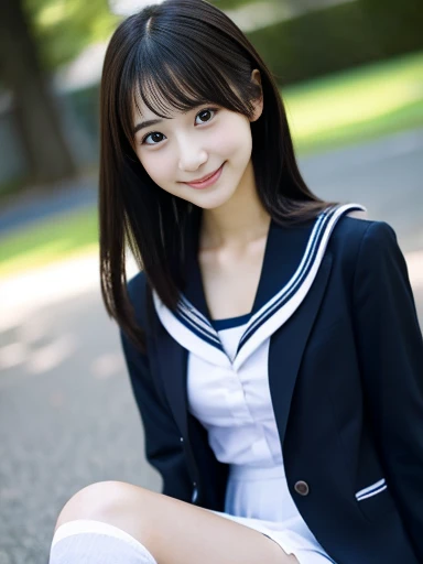 masterpiece、Highest quality、Ultra-detailed、Awareness-raising、Ink-like、Beautiful poop詳細な顔、Intricate details、High resolution、Detailed light、solo、sunlight、1 girl、Japanese、feminine、Kind Face、Slime-ified、Small breasts、high school student、Sailor suit、Summer clothes、Lace underwear under a revealing jacket、Short skirt、Cleavage、A kind smile、Knee socks、Beautiful poop、Black-haired、Blurred Background、Pretty face、Tied Hair