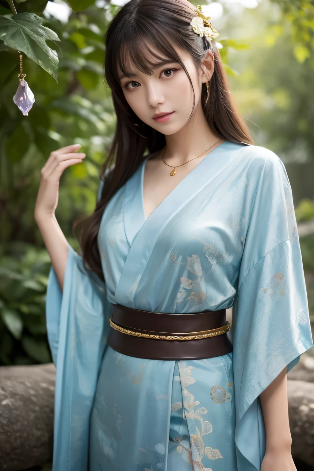 In a beautiful anime-style scene、A young woman stands in an attractive and fantastical environment。The woman has long blonde hair tied in a large elegant black ribbon。Her expression is gentle yet confident.、Her vibrant teal and yellow kimono features a delicate leaf pattern。Around the waist is a wide brown leather belt with gold trim.、She wears a delicate necklace with a blue gemstone。
In the background、Ancient stone structures、Lush greenery、And it features a waterfall that creates a magical atmosphere.。The lighting is soft and mysterious.、Glowing blue crystals suspended in the air add to the otherworldly atmosphere.。The whole scene is enveloped in a gentle pale light.、Emphasis is placed on the beauty of the woman and the details of her costume and surroundings。