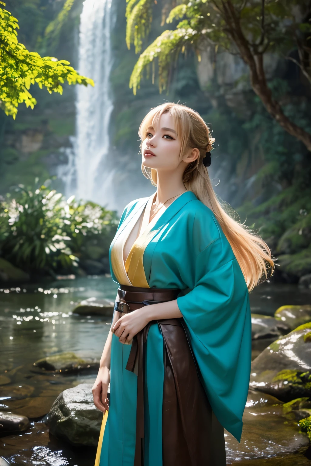 In a beautiful anime-style scene、A young woman stands in an attractive and fantastical environment。The woman has long blonde hair tied in a large elegant black ribbon。Her expression is gentle yet confident.、Her vibrant teal and yellow kimono features a delicate leaf pattern。Around the waist is a wide brown leather belt with gold trim.、She wears a delicate necklace with a blue gemstone。
In the background、Ancient stone structures、Lush greenery、And it features a waterfall that creates a magical atmosphere.。The lighting is soft and mysterious.、Glowing blue crystals suspended in the air add to the otherworldly atmosphere.。The whole scene is enveloped in a gentle pale light.、Emphasis is placed on the beauty of the woman and the details of her costume and surroundings。