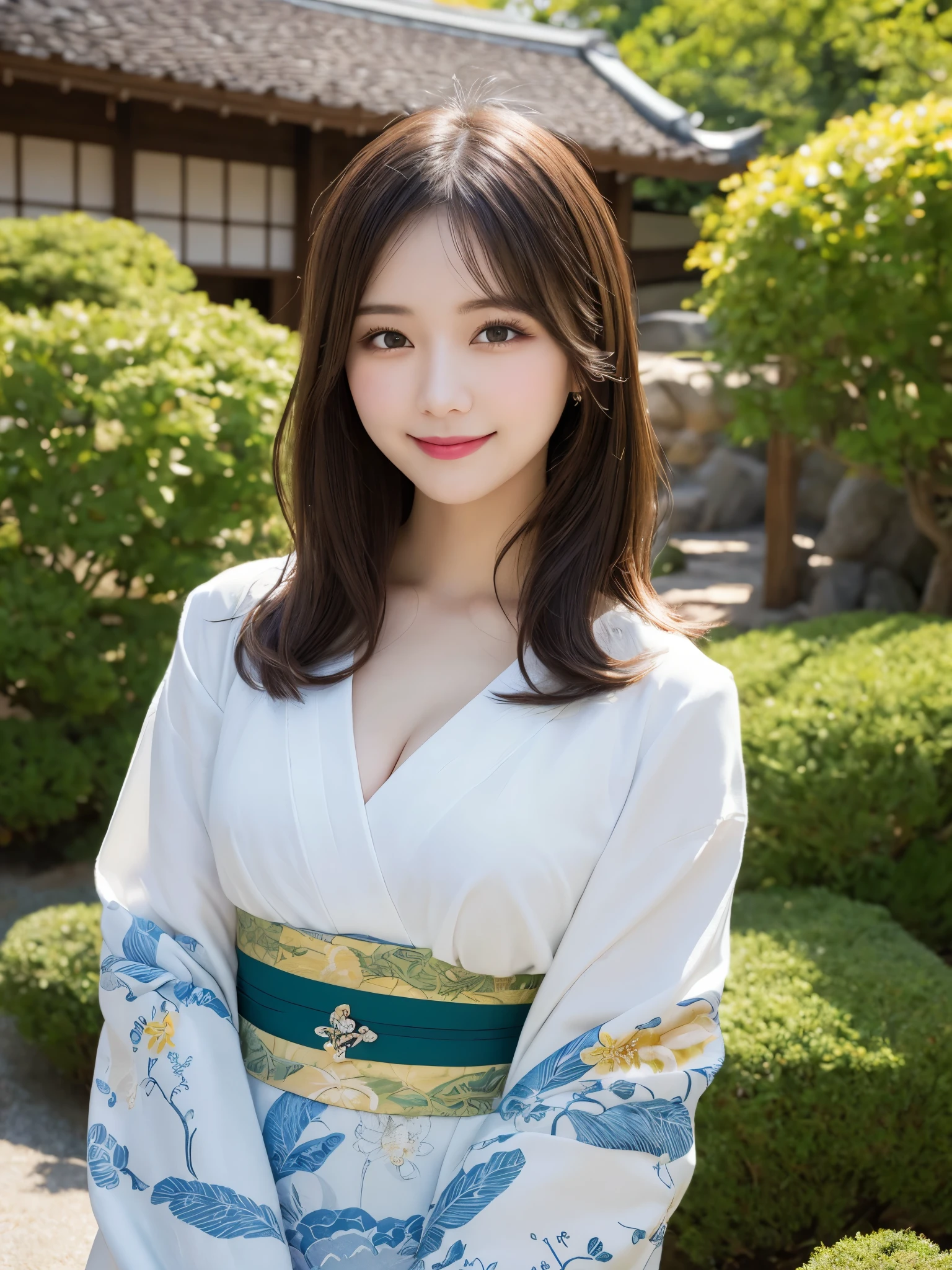 masterpiece, best quality, illustration, ultra-detailed, finely detailed, high resolution, 8K wallpaper, perfect dynamic composition, beautiful detailed eyes, Japanese garden, kimono, medium hair, small breasts, elegant pose, smile, looking at camera