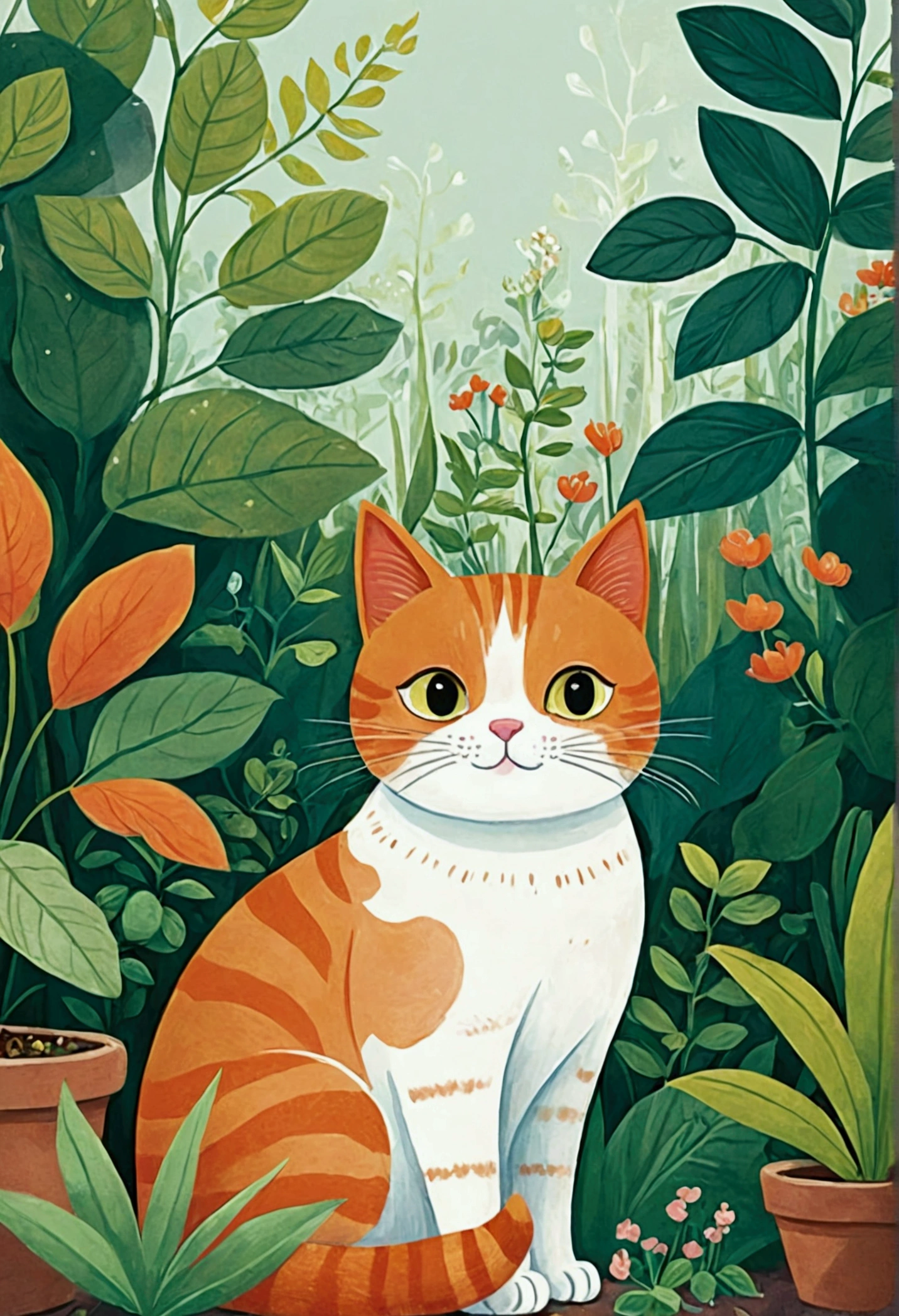 illustration of a cat sitting in a garden with plants and leaves, cats and plants, cat in the forest, illustration of a cat, illustrated in whimsical style, cute illustration, jane newland, illustration!, #illustration, painting of a cat, by Yuko Tatsushima, cute storybook illustration, children book illustration, orange cat, a painting of a cat