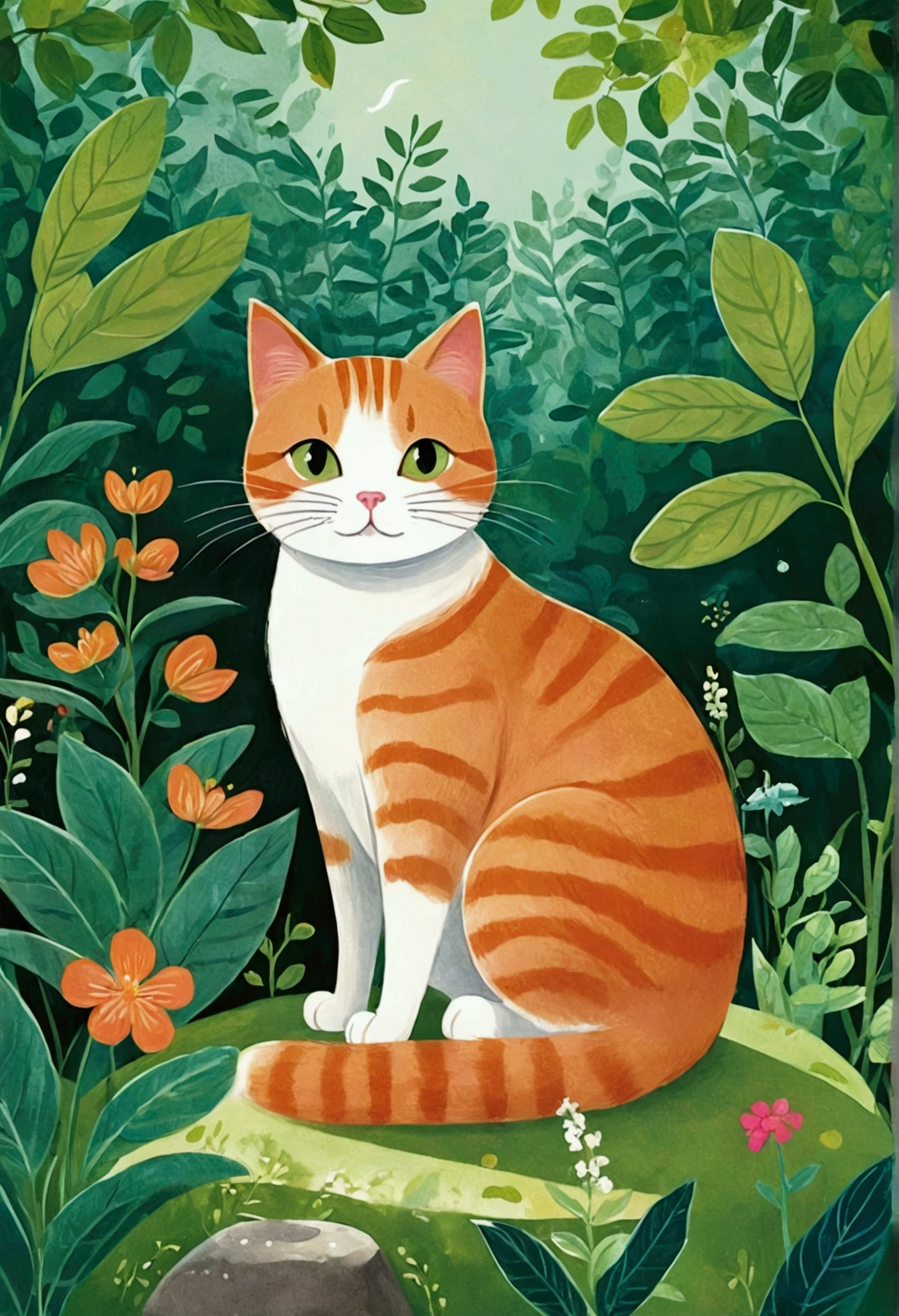 illustration of a cat sitting in a garden with plants and leaves, cats and plants, cat in the forest, illustration of a cat, illustrated in whimsical style, cute illustration, jane newland, illustration!, #illustration, painting of a cat, by Yuko Tatsushima, cute storybook illustration, children book illustration, orange cat, a painting of a cat