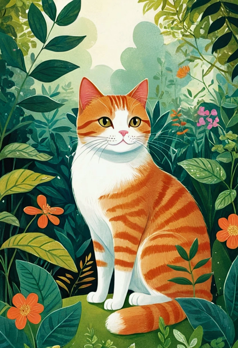 illustration of a cat sitting in a garden with plants and leaves, cats and plants, cat in the forest, illustration of a cat, illustrated in whimsical style, cute illustration, jane newland, illustration!, #illustration, painting of a cat, by Yuko Tatsushima, cute storybook illustration, children book illustration, orange cat, a painting of a cat