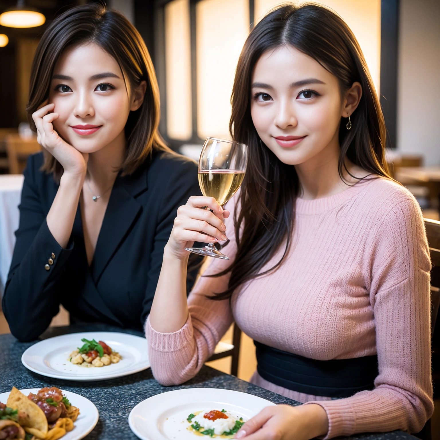 ((Highest quality、8k、masterpiece:1.3))、slimカップル、Pink rubber、modelカップル、(Realistic, Intricate details:1.2), full-course dinner、Wine Party、Amazing view of the sunset sky and clouds、A bright smile、The wonderfulness of smile、Bright image、The beauty of wine, Beautiful Face, blue eyes, The light shines on your face, blush, short hair,Bright Face、 (Age 37), 39 years old, red wine 、Appetizers、Italian food、Wine bottle、Champagne、sparkling wine、Two beauties、Brown Hair、Shortcuts、Long sleeve shirt、dress、Beautiful woman 1, (slimな顔), (The body is slim), (Brown Hair), (Shortcuts), cheeks turn a little red,Attractive beauty、restaurant, In a prominent place (From the waist up) Nova Frog Style, actress, model, Upper Body, White wine, slim, wine glass, 中央に置かれたwine glass, smile, (smile: 1.15), Beautiful fine grain, Depth f/2,saturation, High Contrast, Strong light and shadow,Moist Body:1.5、3D texture、Delicate eyes、Brown Hair、The hair is very shiny、