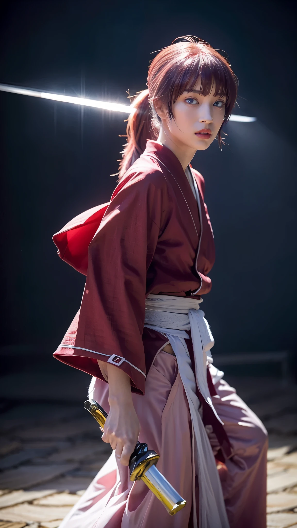"Rurouni Kenshin",
Moment of enthusiasm, Bold,
Capturing the essence of her fiery determination and indomitable spirit,She explodes in rage,Strongly conveys the raw power of Kenshin's rage,Emphasis on the intensity of the scene,The woman is in a determined stance,
Action with a straight sword in hand,
Long hair, Ponytail, ((pink hair color)),(Red eyes:1.3),Bright red lipstick,
Katana,Holding a sword in hand,
Cross sign on left cheek,
High quality, Realistic,
20-year-old female,
She wears a red kimono with an intricate pattern,Paired with a white hakama,
The lighting is realistic, (Masterpiece+Top quality+High resolution+Very detailed), (Full body:1.2),Symmetrical,One cut,