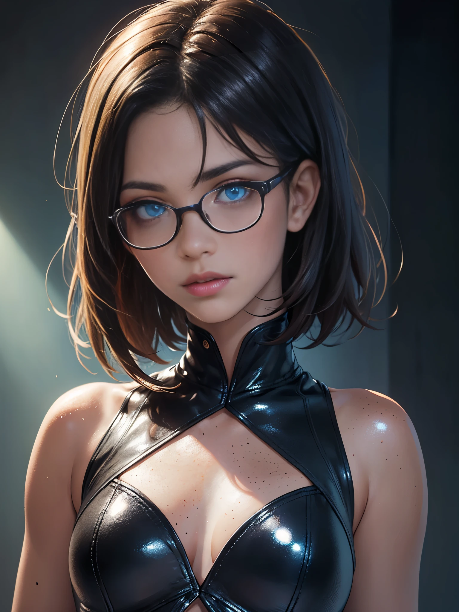 (uhd, retina, masterpiece, accurate, Anatomically correct, Textured leather, Super Detail, high detail, high quality, Best quality, a high resolution, 1080P, HD, 4K, 8 K, 16 thousand.), (beautiful detailed blue eyes, beautiful detailed lips, extremely detailed eyes and face), studio lighting, physically based rendering, bright colors, (small sexy breasts, Glamorous body), (see through dress), (portrait, side cut, shiny hair, shiny skin, blush), (hips), Eye reflection, photorealistic, dark atmosphere, very detailed skin texture, extreme details, perfect breasts, dark tanned skin, freckles, moles on skin, ultra-detailed leather texture, soft light, pale skin, glasses