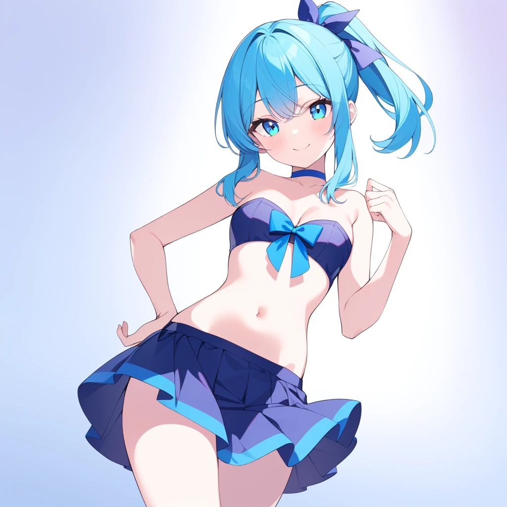 High quality,blueberry girl,Long hair,Strapless(Blue),Skirt(cyan),Long one ponytail,Ribbons on ponytail,Pure smile,blue choker