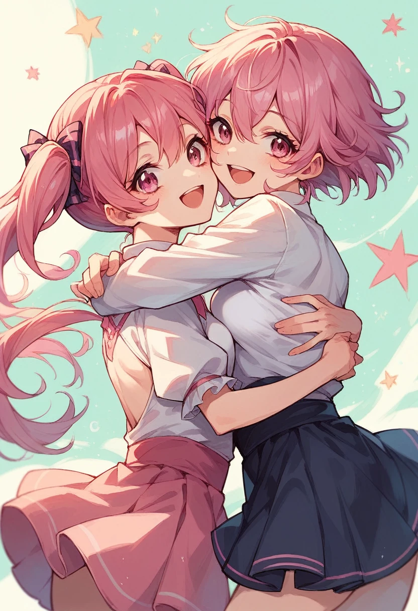 Two cute anime girls twin, pink hair, pink eyes, idol outfit, short skirt, happy, back hug
