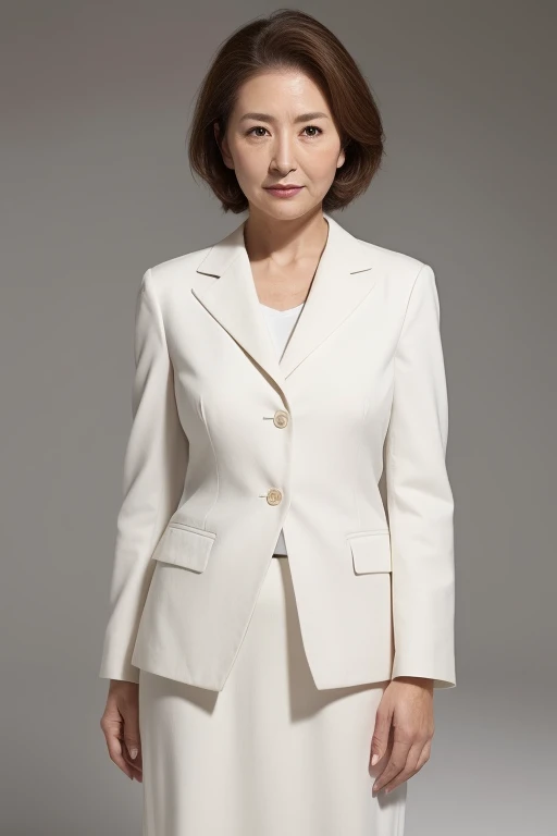 High resolution, High-level image quality, High definition, masterpiece, Rough skin, Anatomically correct, sharp,
Gray background,
((Japanese Mature, 90 years old)), One person, ((Facial wrinkles)), Shapely big breasts, Straight light brown hair that reaches the shoulders, Chubby body type, Mouth closed and serious face,
(((Standing upright and looking at the viewer))),
(A white shirt with a button-up collar that can be seen through a white summer blazer, White mid-length skirt, ),
Beautiful shins, ((Cowboy Shot))