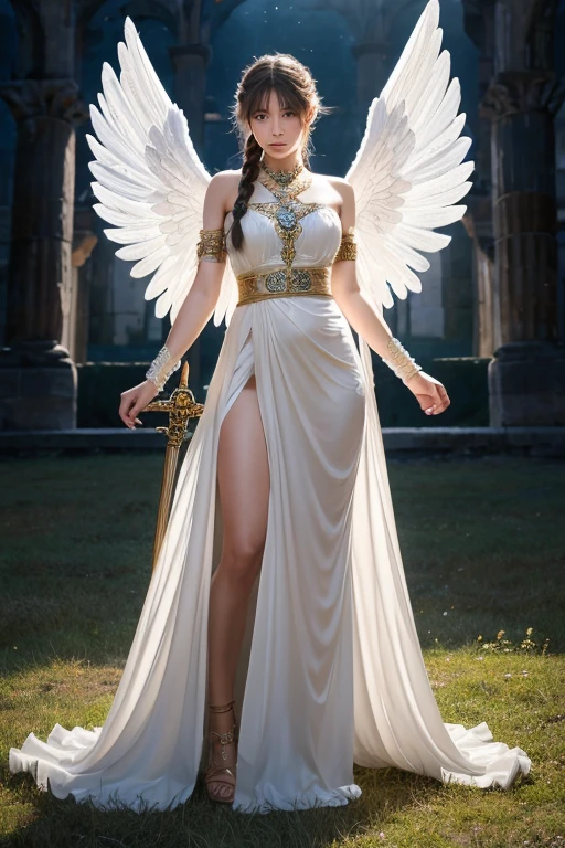 High resolution, masterpiece, Anatomically correct, High detail, Textured skin, One woman, Ancient Greece, god話, アテネgodのような, 戦いの女god, 勝利の女god, Majestic Angel, god々New Advent, French style braid, whole body, A gorgeous long dress made of transparent material, sword, armor,逆光でwhole bodyが輝く, field, 小高い丘のgod殿の廃墟, Solemn atmosphere, god々Bright sunshine,