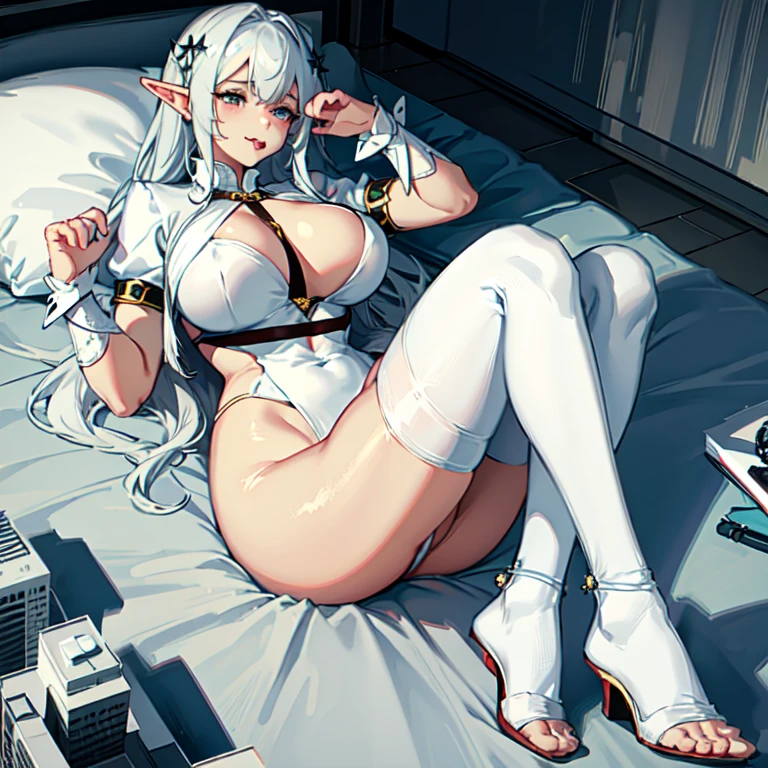 huge tit,white shirt,short skirt,tiese,exposing her chest,,The whole body is tied with ropes,The chest is tied,pee,hyper HD,Highest high resolution,Lie on the bed with your feet up。,White hair,Stick out her tongue,Wear black stockings,the elf,Nude Women ,Lace,high-heels,lovemaking