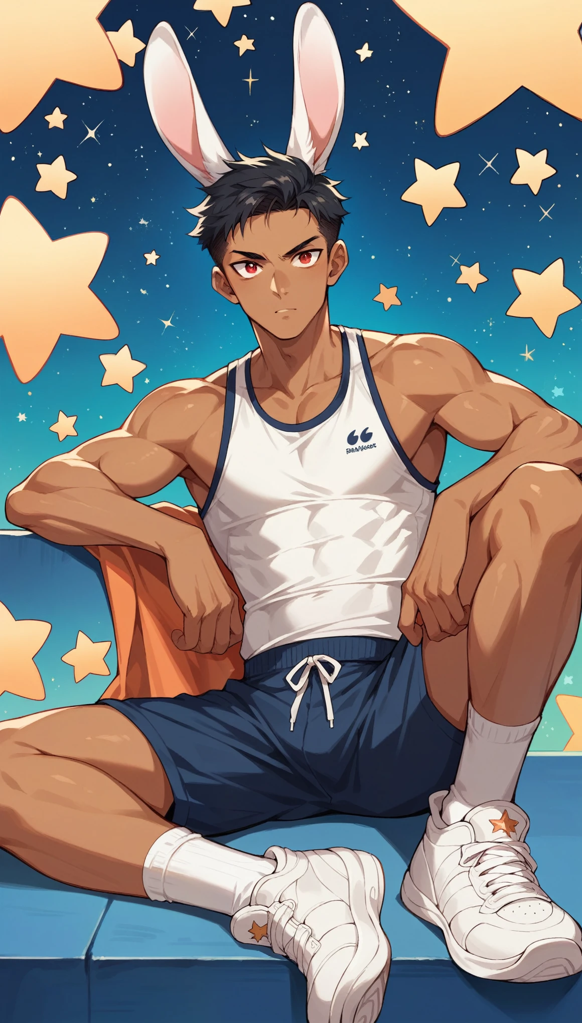 Handsome boy,Black Hair，Tanned skin，Rabbit ears，Sportswear，Slim body，sit，He has a pair of warm red eyes，Stars background，White socks，White sneakers