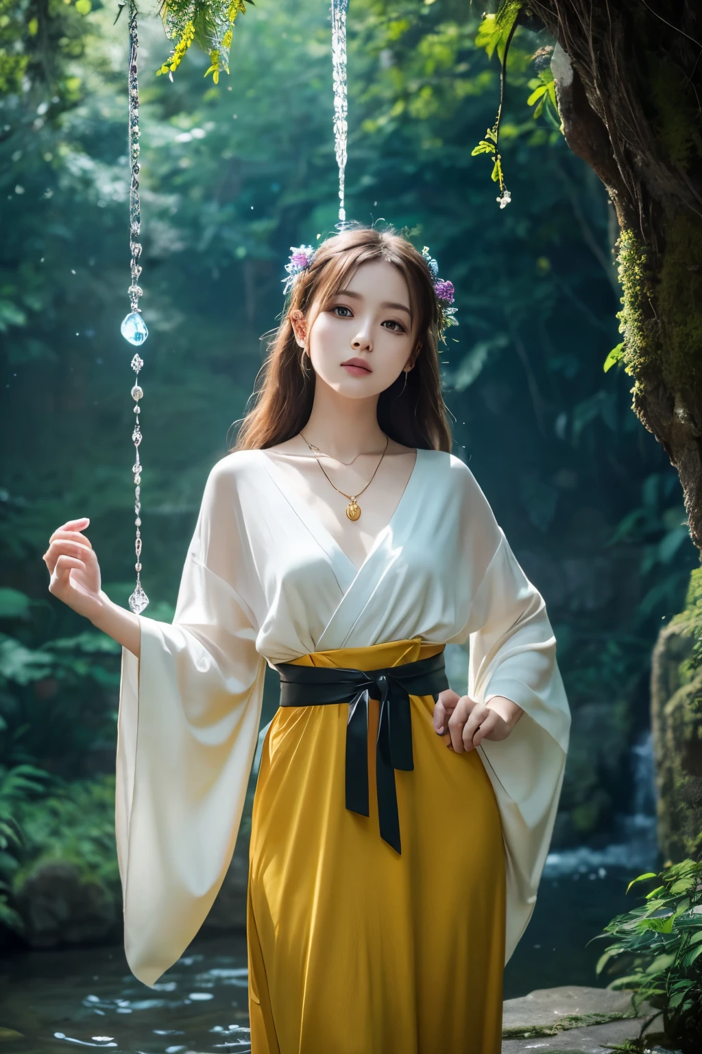 In a beautiful anime-style scene、A young woman stands in an attractive and fantastical environment。The woman has long blonde hair tied in a large elegant black ribbon。Her expression is gentle yet confident.、Her vibrant teal and yellow kimono features a delicate leaf pattern。Around the waist is a wide brown leather belt with gold trim.、She wears a delicate necklace with a blue gemstone。

In the background、Ancient stone structures、Lush greenery、And it features a waterfall that creates a magical atmosphere.。The lighting is soft and mysterious.、Glowing blue crystals suspended in the air add to the otherworldly atmosphere.。The whole scene is enveloped in a gentle pale light.、Emphasis is placed on the beauty of the woman and the details of her costume and surroundings。

