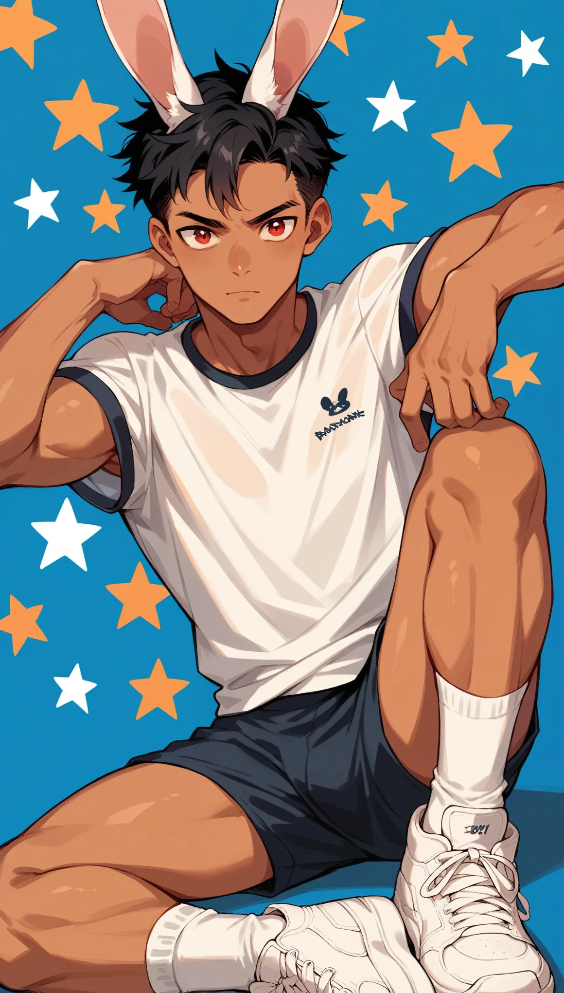 Handsome boy,Black Hair,Tanned skin,Rabbit ears,Sportswear,Slim body,sit,He has a pair of warm red eyes,Stars background,White socks,White sneakers