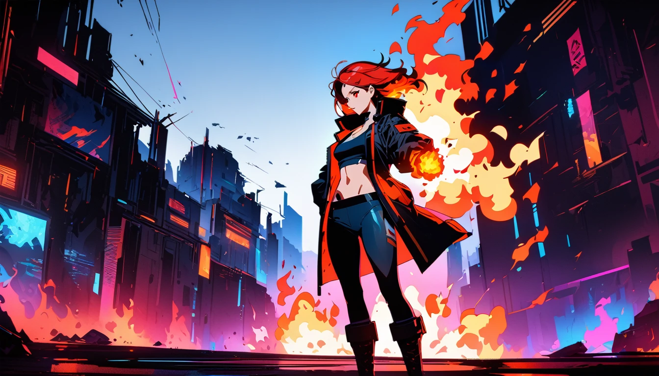 (masterpiece, Highest quality), (Perfect athletic body:1.2), (Detailed Hair), Very detailed, Anime Style, alone, whole body, Cyberpunk Fire Starter Girl, Redhead, Red Eye, Wearing a cyberpunk-style short top and long coat, Flaming fist, high boots, Digital Painting, 8K high resolution, whole body, White Background, standing wilderness