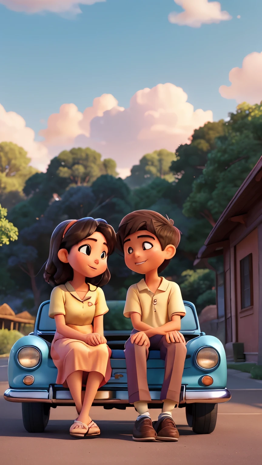 A warm summer evening unfolds as a stunning 2.5D cartoon Asian teen couple, wrapped in gentle laughter and harmony, sit amidst the nostalgic charm of a restored vintage car. Softly lit by the fading sun's golden hues, they're enveloped in an intimate moment, heads bent together towards kissing as they share the joy of music. The camera captures their tender connection, framed by the curvaceous lines of the classic automobile, set against a soft-focus, less realistic sky with wispy clouds and a gentle gradient of blues and purples. camera show angle will be front car view.
