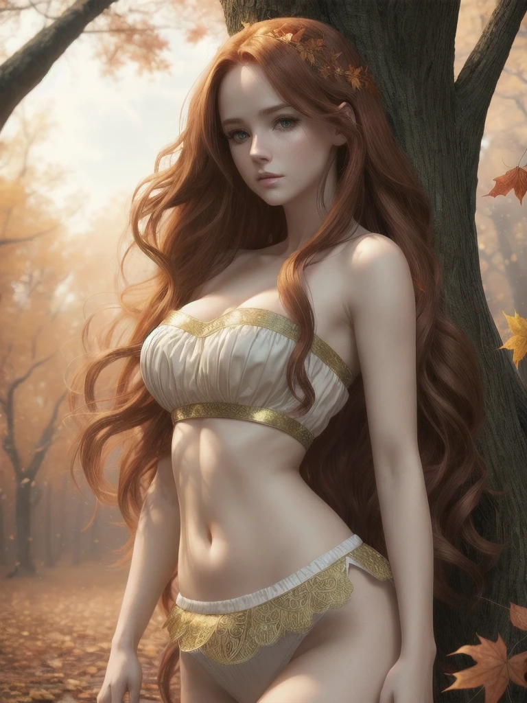 (A beautiful girl with long messy red hair), (white ornate strapless crop top, panties), (autumn background, trees, leaves), (fantasy style:1.2), (highly detailed, 8K, cinematic lighting, photorealistic), (elegant, serene, dreamy), (warm colors, golden hour lighting)