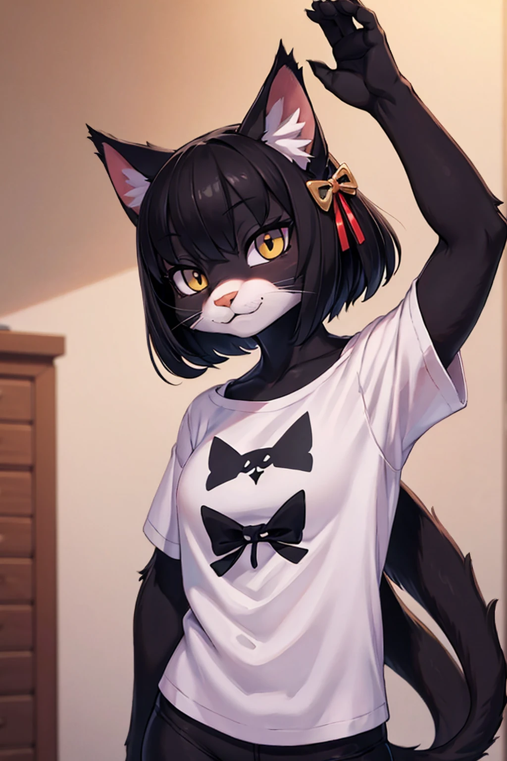 furry、Black cat、Black body、Cat's body、Sexy pose、Black nipples
