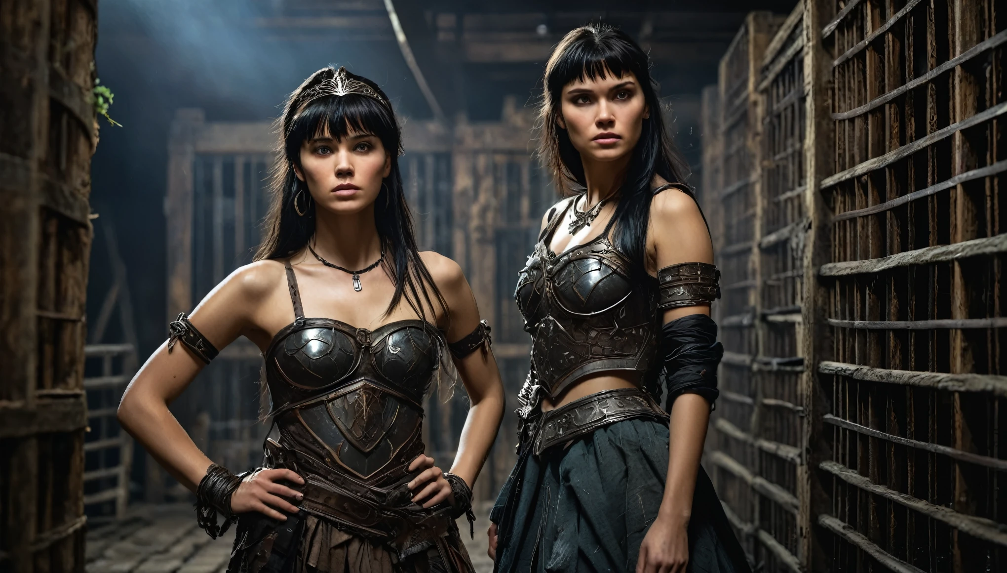 A striking and captivating photograph of two fierce warrior princesses, evoking memories of Xena, standing in a chilling undergroundstone prison. They are checking cages .The atmosphere is filled with an eerie, cold, and damp ambiance, illuminated by a wooden grate in the ceiling. In the background, distressed wooden crates with bars, designed for large animals, hold emaciated men dressed in rags, adding a sense of despair and suffering to the scene. The princesses, adorned in armor, exude strength and determination, Realistic glamour-style photographLess