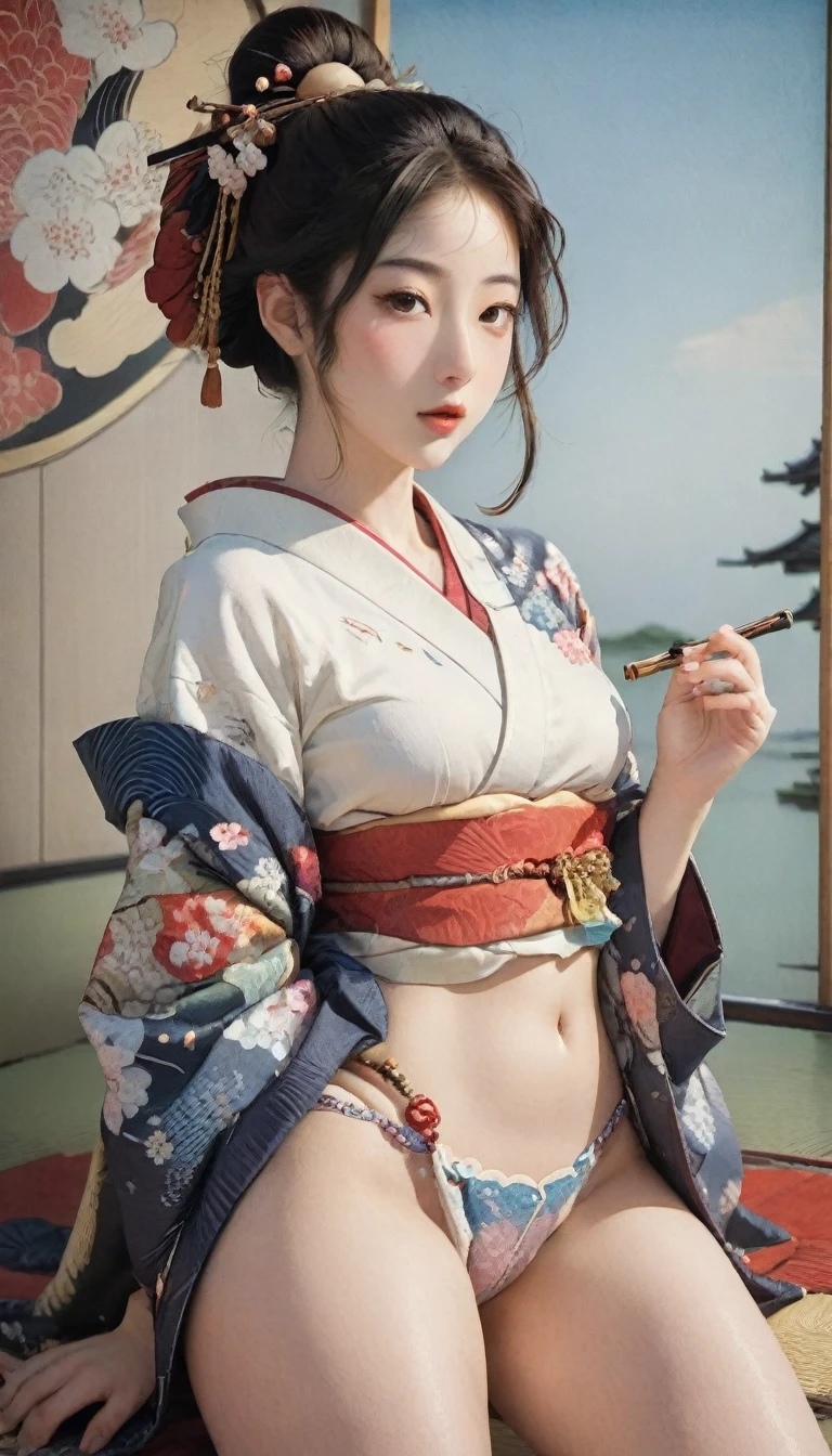 Follicle-stimulating hormone,(Masseter membrane、Top quality、Ukiyo-e style、mystery、Exquisite beauty、Official Art、Sharaku:1.2)、(1 girl touching:1.3)、(Practical:1.3)、Cowboy shooting、White skin、(Beautiful brunette、kimono:1.2)、Blue sky and white clouds,Cherry blossoms as the background、Colorful、(Japanese style:1.2)、Radiant Skin,Open your thighs:1.9,Hips:2.0