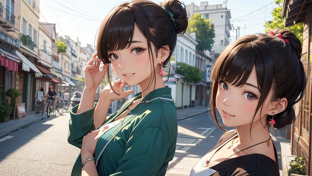 Vietnam cityscape、Women in their s to 40s、(stylish, Dress relaxed)Summery adult woman、/(Dark Brown Hair/)bangs、cheek(direction)、(masterpiece 1.2)Delicate illustrations with attention to detail、break (Ancient Capital:1.2) (The background is fresh green)、、()、blue sky、Detailed Background、whole bodyが写る、A shy smile、Through clenched teeth、Through clenched teeth、lip、cheek(Flat Color: 0.8)、(masterpiece: 1,2)、(masterpiece: 1,2)、High resolution、Ultra high definition、Highest quality、High resolution、Ultra-thin illustration、Makoto Shinkai style、Your name is style、Short Bob、necklace、Earrings、Dynamic pose、Selfie、whole body、Brown Hair、Braiding、Hair Bun、ponytail･Hair Bunスタイル、necklace、Valletta、ribbon、Earrings、マニキュアSelfie。
