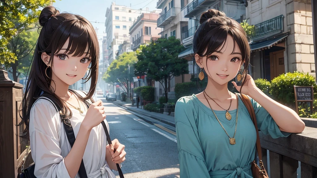 Vietnam cityscape、Women in their teens to 40s、(stylish, Dress relaxed)Summery adult woman、/(Dark Brown Hair/)bangs、cheek(direction)、(masterpiece 1.2)Delicate illustrations with attention to detail、break (Ancient Capital:1.2) (The background is fresh green)、、()、blue sky、Detailed Background、whole bodyが写る、A shy smile、Through clenched teeth、Through clenched teeth、lip、cheek(Flat Color: 0.8)、(masterpiece: 1,2)、(masterpiece: 1,2)、High resolution、Ultra high definition、Highest quality、High resolution、Ultra-thin illustration、Makoto Shinkai style、Your name is style、Short Bob、necklace、Earrings、Dynamic pose、Selfie、whole body、Brown Hair、Braiding、Hair Bun、ponytail・Hair Bunスタイル、necklace、Valletta、ribbon、Earrings、マニキュアSelfie。