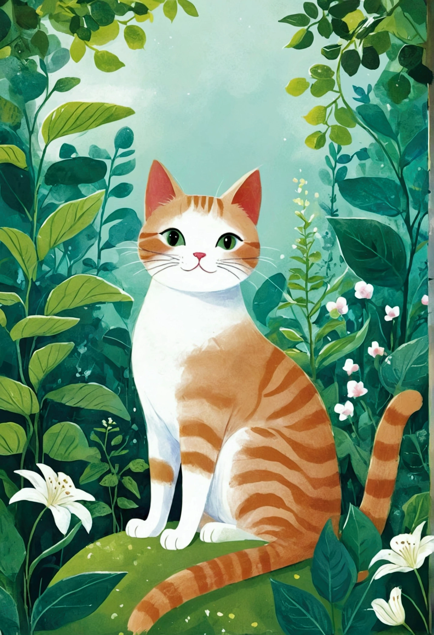 illustration of a cat sitting in a garden with plants and leaves, a storybook illustration by Yuko Tatsushima, Recommended on Behance, Childish Art, cats and plants, cat in the forest, illustration of a cat, Drawn in a whimsical style, cute illustration, Jane Newland, illustration!, #illustration, A painting of a cat, cute storybook illustration