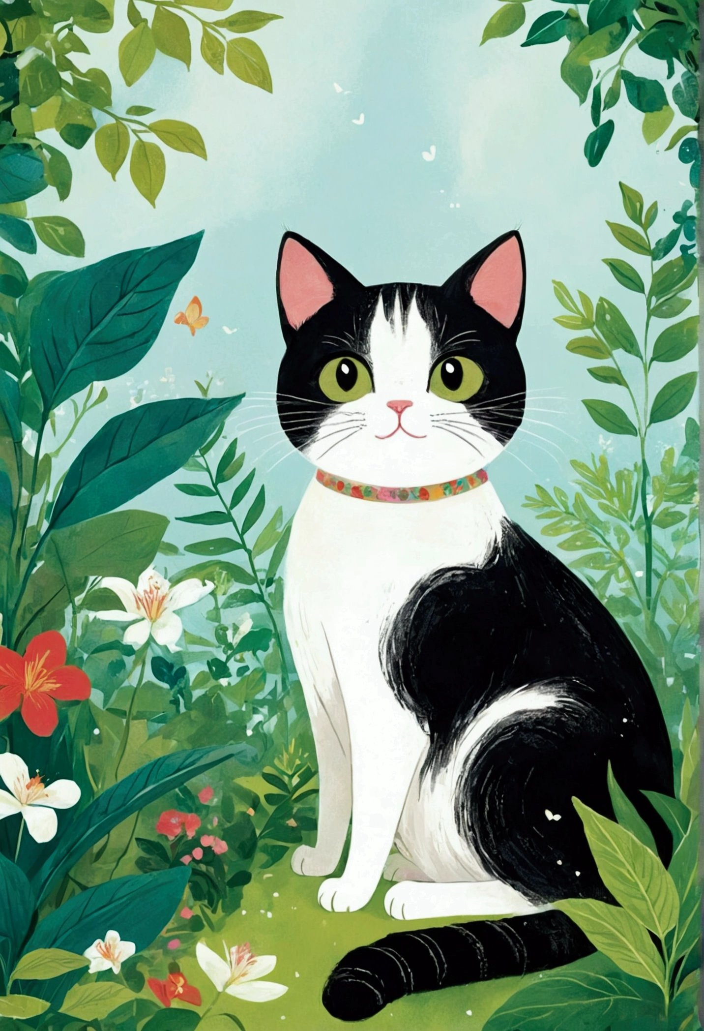 illustration of a cat sitting in a garden with plants and leaves, a storybook illustration by Yuko Tatsushima, Recommended on Behance, Childish Art, cats and plants, cat in the forest, illustration of a cat, Drawn in a whimsical style, cute illustration, Jane Newland, illustration!, #illustration, A painting of a cat, cute storybook illustration