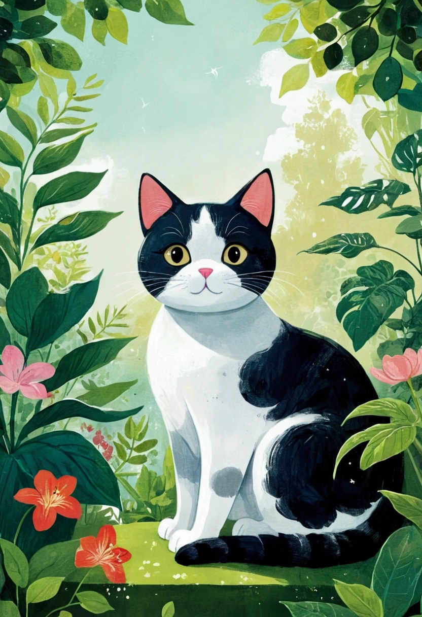 illustration of a cat sitting in a garden with plants and leaves, cats and plants, cat in the forest, illustration of a cat, illustrated in whimsical style, cute illustration, jane newland, illustration!, #illustration, painting of a cat, by Yuko Tatsushima, cute storybook illustration, children book illustration, orange cat, a painting of a cat