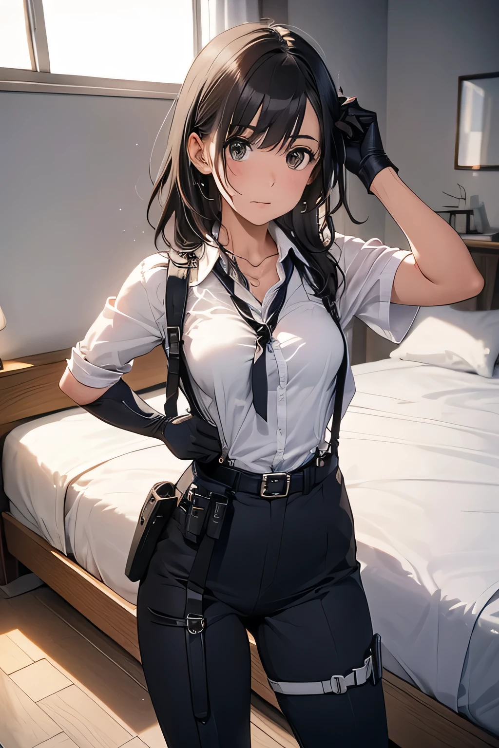 1 female, , high quality, masterpiece, Ultra-high resolution, , Cinema Lighting, , , And the suspenders with the cranes flying Moderate breasts Small face holster Lying in bed Looking up Sweat belt summer 脇Sweat Black Hole Gloves suit shirt Black jacket Black trousers Leg Links ズボンにbelt holster Hands behind your back Anxious expression Looking up Anxious face, legs apart Armament Handgun handcuffs Cable ties レッグholster holster