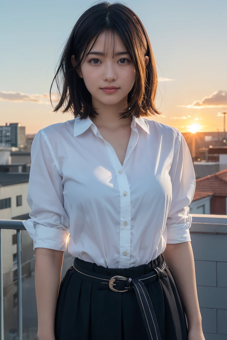 (Highest quality,masterpiece:1.3,Ultra-high resolution),(Very detailed,Caustics,8k),(Realistic:1.4,RAW shooting),Buckshot,Japanese,23 years old,cute,Are standing,(I'm looking at the camera with a smile on my face),Black hair medium hair,Big Breasts,White blouse,Knee-length skirt,Strong winds,Hair blowing in the wind,rooftop,Backlight,sunset,sunset sky,Waist up shot,Face Focus,Natural light