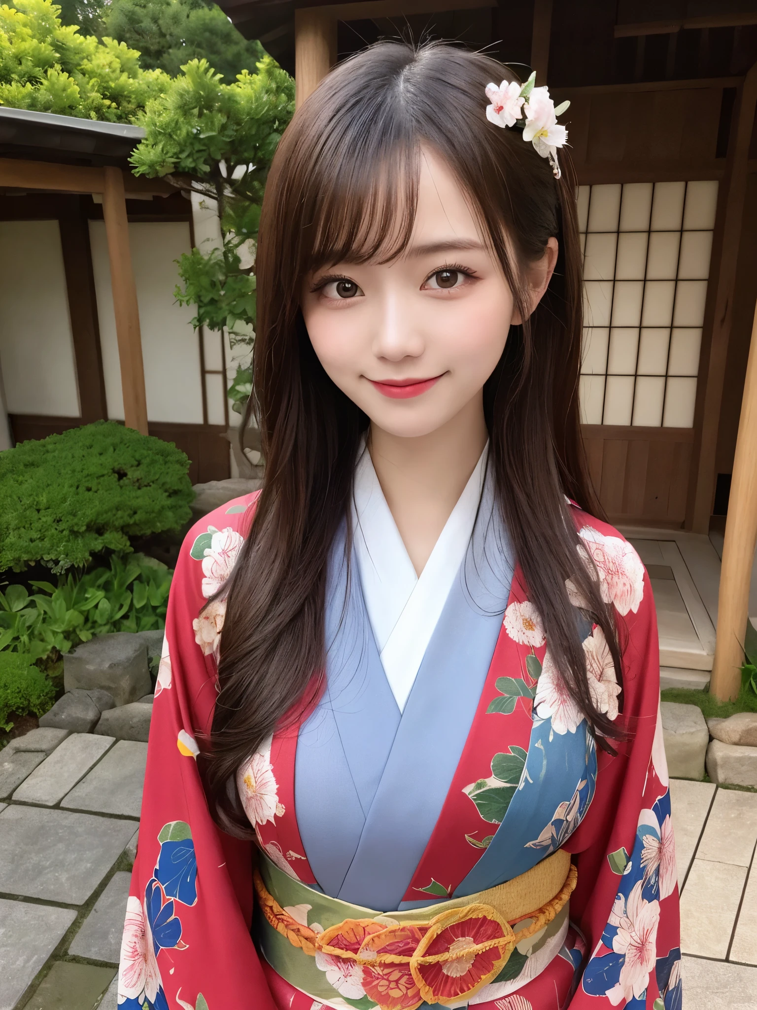 masterpiece, best quality, illustration, ultra-detailed, finely detailed, high resolution, 8K wallpaper, perfect dynamic composition, beautiful detailed eyes, Japanese garden, kimono, long hair, peaceful expression, cute, smile, looking at camera