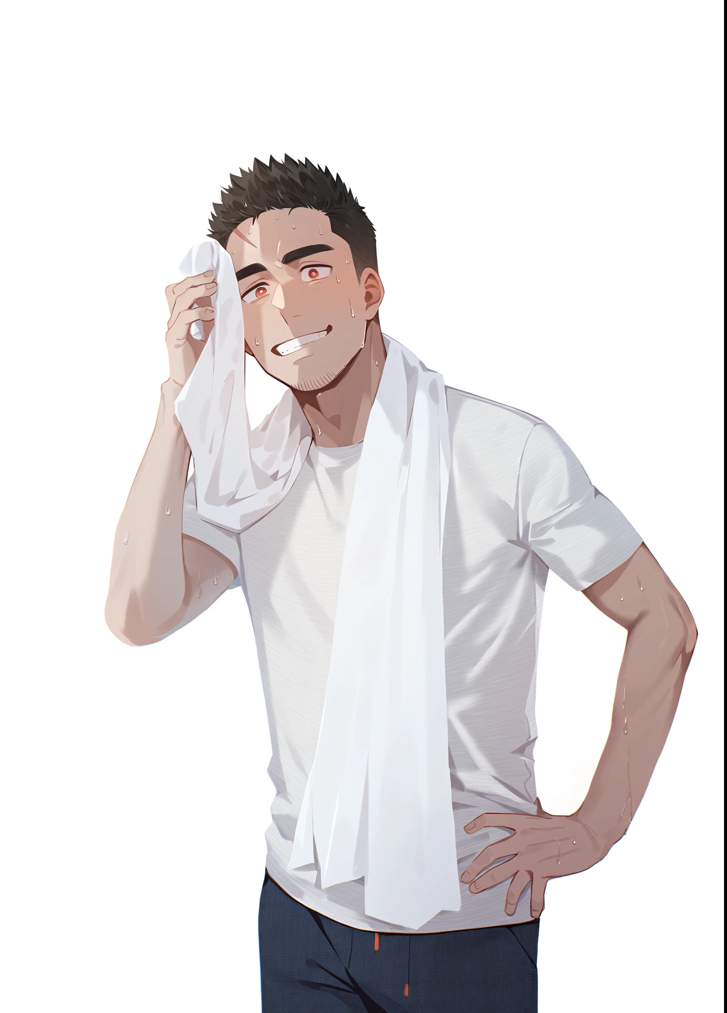 Anime Characters：Priapus, Muscle sports students, short hair, Masculinity, Male focus,Sweat soaked clothes, Wipe sweat , Solitary, 黑色short hair, Thick eyebrows, stubble, Brownish red pupil, White background, Simple background, excellent quality, Best aesthetics, ridiculous,best quality