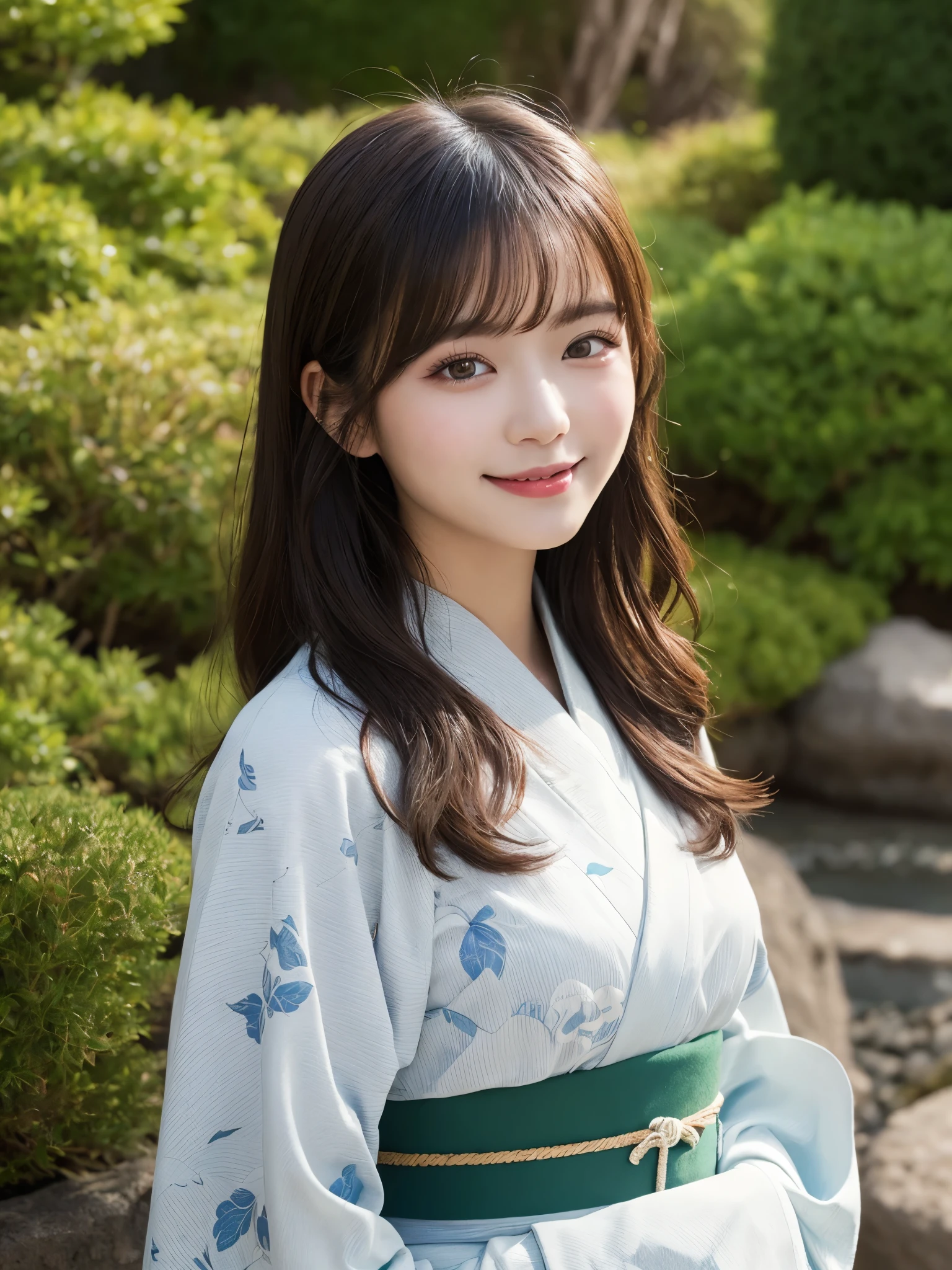masterpiece, best quality, illustration, ultra-detailed, finely detailed, high resolution, 8K wallpaper, perfect dynamic composition, beautiful detailed eyes, Japanese garden, kimono, long hair, peaceful expression, cute, smile, looking at camera