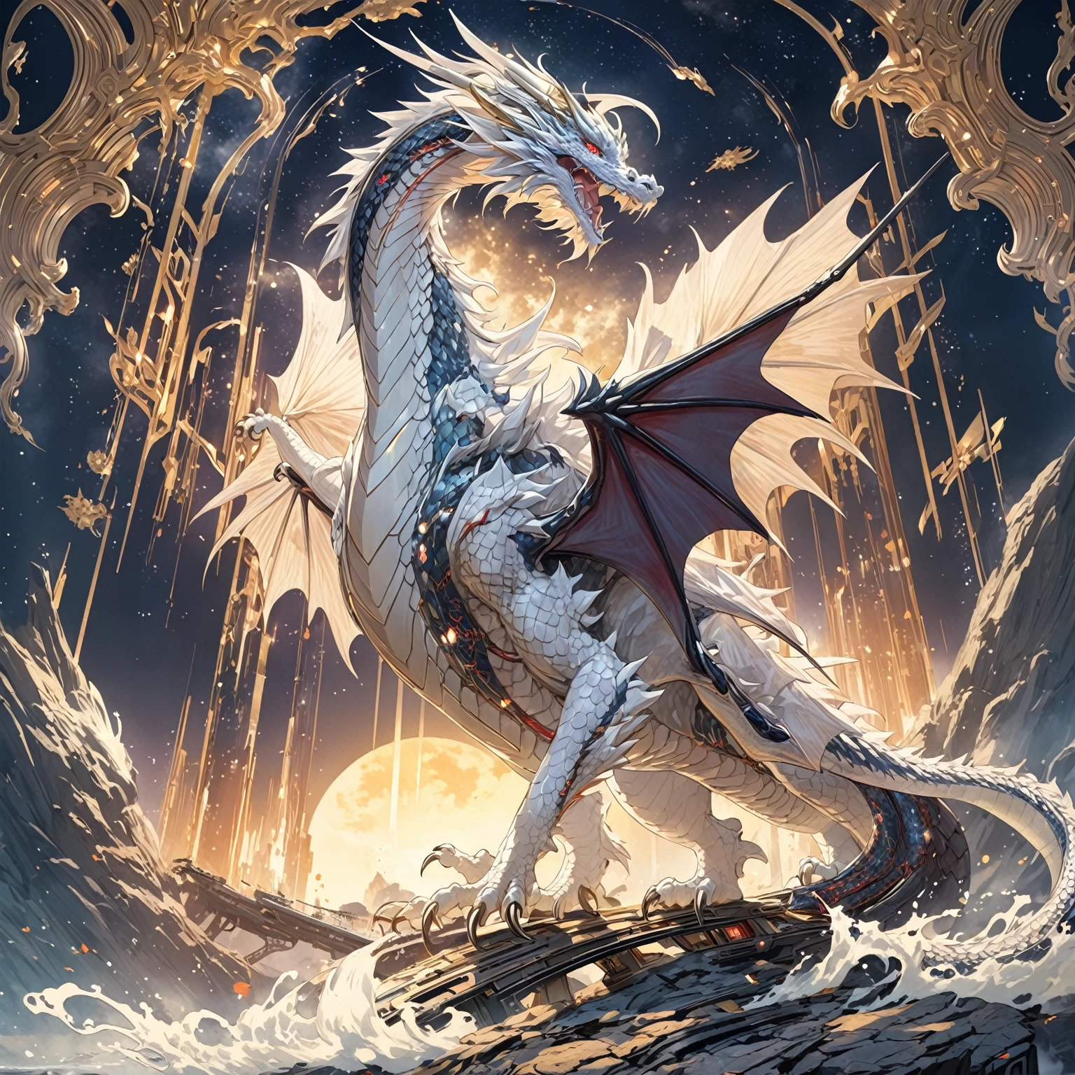 masterpiece, best quality, masterpiece, red dragon Japanese dragon, futuristic sci-fi aesthethic