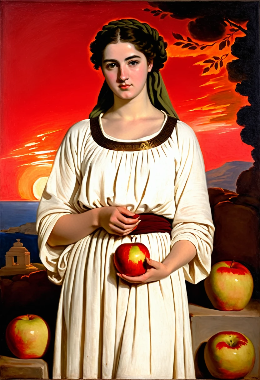 [[(front full portrait: (young Greek woman of the period of antiquity with apple)in a white Greek tunic), on Parnas, ((Joshua Reynolds style)), [dress ((Joshua Reynolds style))]):20]/[background: ancient Greece ampir
 , old canva, (scarlet sunset), ((style antique greece))]/[very colorful,((oil painting palette knife))((masterpiece))]]